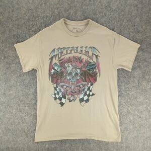 Metallica Shirt Mens Medium Tan Skull Racing Checkered Flag Graphic Band Tee